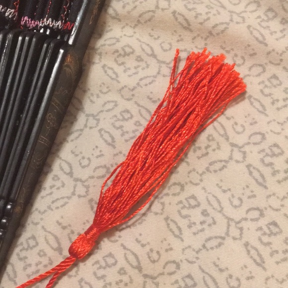 Red Black Gold Fabric & Plastic Fan with Tassel - Picture 6 of 7